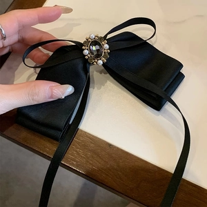 French Vintage Black Satin Bowknot Ribbon Hair Clip Elegant Rhinestone Artificial Pearl Alloy Spring Clip For Women Hair Accessories
