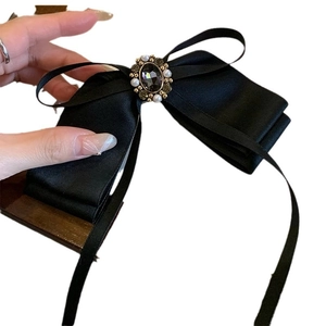 French vintage black satin bow hair clip with luxury pearl and rhinestone centerpiece