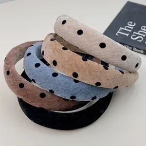 Five French vintage velvet polka dot headbands in creamy white, blue, and brown tones