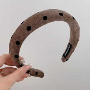 French vintage velvet padded headband with black polka dots on dark brown fabric