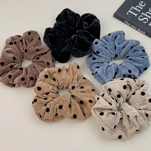 Lot de 5 chouchous vintage en velours à pois en marron noir bleu et beige