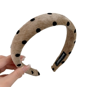 French vintage velvet polka dot headband in khaki with handmade label for women