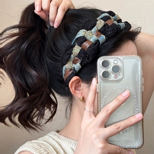Braided denim star headband featuring blue and brown leather fabrics for high crown hairstyle