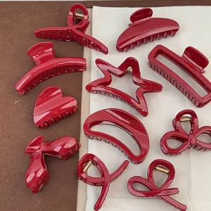 Set de pinces à cheveux rouges brillantes en formes de cœur, étoile et nœud pour coiffure