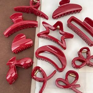 Pinces à Cheveux Rouges Festives Pour Femmes Élégant Style Coréen Fines Scintillements Bourgogne Pinces À Cheveux Coeur Étoile