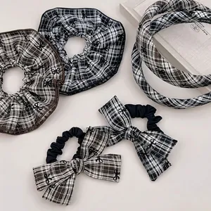 Koreanischer Preppy-Stil Karo Schleife Haargummi Stoff Haarseil Für Damen Vintage Kaffee Schwarz Hahnentritt Stirnband Handgefertigt Haarschmuck