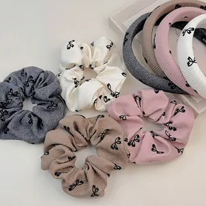 Serre-Tête Doux Coréen Imprimé Nœud en Tissu Nervuré Bandeau Cheveux Éponge Épais Accessoire Cheveux Femme Choucou Scrunchie