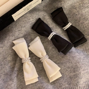 French Retro Satin Bow Hair Clip With Faux Artificial Pearl Elegant Black Creamy White Duckbill Clip For Women Hair Accessories