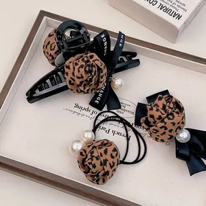 Vintage Leopard Rose Hair Accessories Faux Artificial Pearl Bow Ribbon Hair Claw Clip And Elastic Hair Tie For Women Elegant Styling