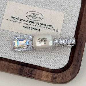 Elegant French style bow hair clip with crystal rectangle stones and cream beads