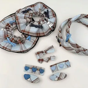 French blue plaid hair accessories set including headbands and bow scrunchies with hearts