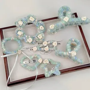 Pinces à Cheveux Fleurs en Fil à Tricoter Douce Bleu Vert Pince Crabe Rose en Satin Français Chouchous pour Femmes Accessoires
