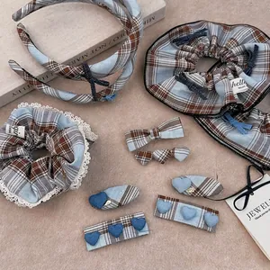 French Plaid Hair Clip Heart Scrunchies Lace Edge Headband Vintage Sweet Hair Accessories For Women Girls Daily Styling