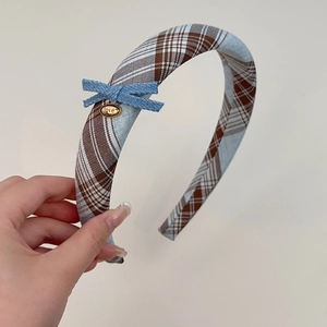 French style sea salt blue plaid headband with denim bow and love engraved metal plate
