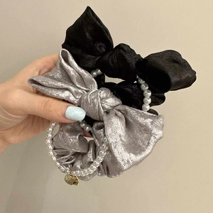 French Vintage Satin Bow Scrunchie With Faux Artificial Pearl Elegant Double Layer Hair Tie Metal Pendant Hair Accessories For Women
