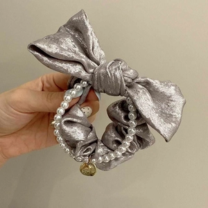 French vintage silver silk bow scrunchie with pearls and golden pendant detail