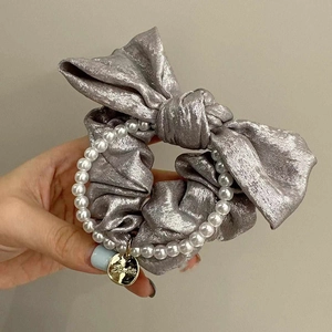 French vintage silver grey satin bow hair scrunchie with white pearls and gold pendant