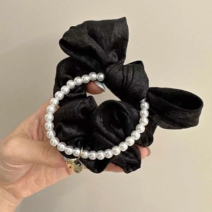 French vintage black satin scrunchie with white pearl chain and gold heart pendant