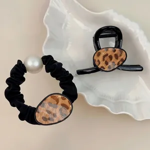 Vintage Leopard Print Hair Clip And Scrunchie For Women Elegant Black Ribbon Artificial Pearl Fashion Hair Claw Styling Accessories
