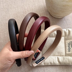 Retro Padded Pleated Faux Leather Headband For Women Vintage Solid Color Lychee Texture Handmade Padded Hair Accessories