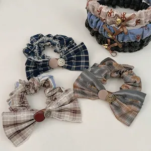 Chouchous à Carreaux Rétro Et Serre-Têtes Plissés en Tissu Avec Décoration de Nœud Et Bouton pour Femmes Filles Quotidien