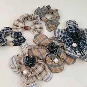 Vintage Preppy Striped Plaid Fabric Hair Claw Clip And Scrunchie With Bow Button Imitation Artificial Pearl Women Hair Accessories