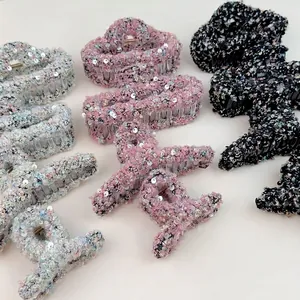 Pinces à cheveux élégantes en tweed avec paillettes en gris, rose et noir