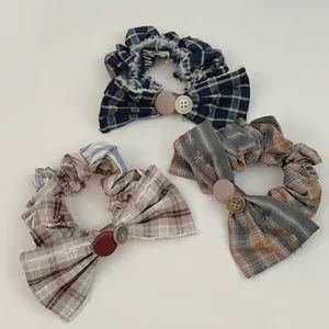 Three-piece retro plaid scrunchie set with bow tie and vintage buttons decoration