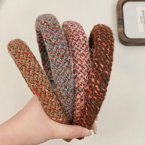Thick tweed braided sponge headband set in blue, pink, brown, and ochre colors
