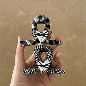 Black White Plaid Fabric Hair Claw Clip With Silver Mirror Heart And Bow Elegant Sweet Shark Clip For Women Hair Accessory