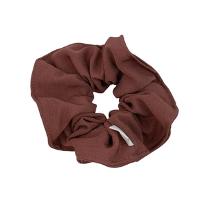 French style brown scrunchie made of premium ribbed suit fabric with elegant large ruffles