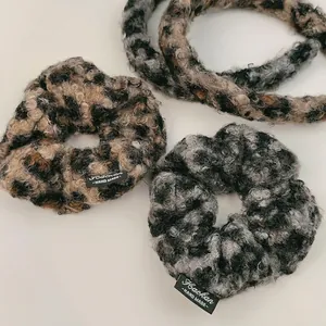 Leopard Print Plush Faux Lamb Wool Hair Accessories Winter Warm Elastic Scrunchies And Wide Headband For Women Girls Daily