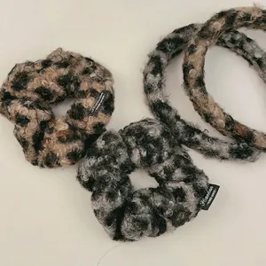 Leopard print faux shearling hair scrunchie set with fluffy texture for volume