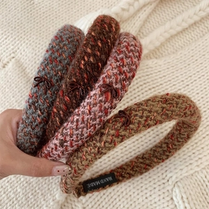 Vintage Tweed Knitted Headband High Cranium Hair Hoop With Mini Bow Handmade Korean Style Autumn Winter Hair Accessories