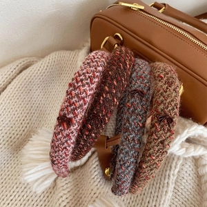 Elegant tweed headband set with bow detail in pink, brown and blue winter knits