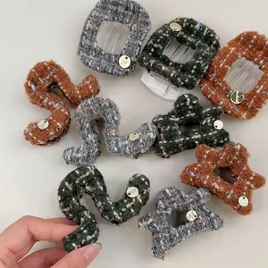 French Style Tweed Hair Clips Star Square Geometric Hair Claws Elegant Autumn Winter Fabric Hair Accessories With Metal Tag