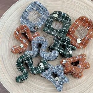 French style tweed hair claw clips with star shape and metal charms for women