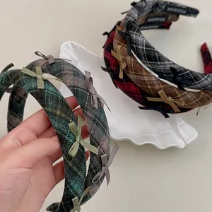 Vintage Plaid Woolen Bow Headband Preppy Style Thickened Padded Fabric Hair Band For Women Daily Hair Accessories Deco
