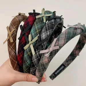 Plaid sponge headband with bow in British preppy style for women and girls