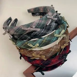 Retro plaid bow headband set for women in assorted classic tartan colors handmade style