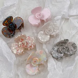 French Aesthetic Acetate Rose Flower Hair Claw Clip Medium Marble Texture Hairpins For Women Elegant Floral Hair Accessories