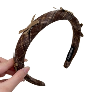 Vintage brown plaid headband with sweet bow accents and handmade label for women