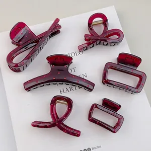 Burgundy polka dot hair claw clip set of six with elegant translucent finish