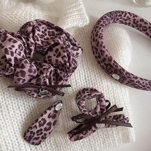 Purple leopard print hair accessories set with bow claw clip and scrunchie