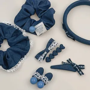 Blau Denim Spitze Haarschmuck Kollektion Süße Schleife Clip Scrunchie Stirnband Damen Koreanischer Stil Frisch Täglich Dekoration