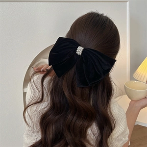 Elegant Black Velvet Bow Hair Clip With White Artificial Pearl Center French Vintage Style Spring Clip Hair Accessories For Women