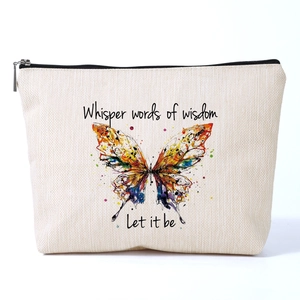 Artistic Butterfly Printed Polyester Linen Look Makeup Bag Zipper Toiletry Pouch Travel Organizer Wash Bag For Women