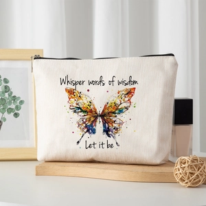 Linen texture makeup bag with colorful butterfly prints and artistic quote design