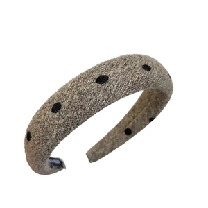 Grey velvet sponge headband with black polka dots, vintage padded hair accessory for women