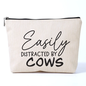 Easily Distracted By Cows Printed Polyester Makeup Bag Funny Slogan Linen Look Toiletry Pouch Travel Organizer For Women